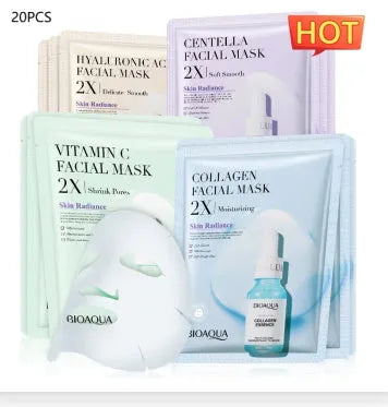 Single-use facial sheet mask with gel serum, shown in Centella, Collagen, Hyaluronic Acid or Vitamin C variants.