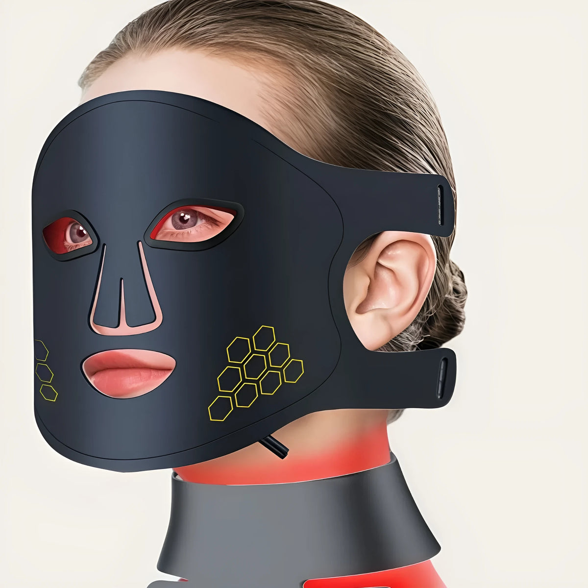 Black four-colour LED photon beauty mask with neck care function and infrared therapy for home use.