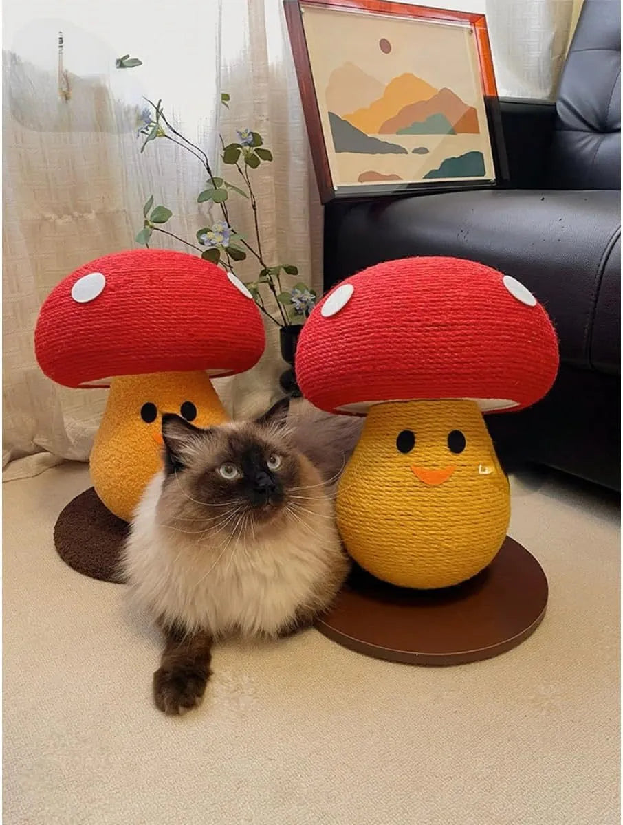 Foldable round mushroom-shaped cat scratcher board made from corrugated cardboard.