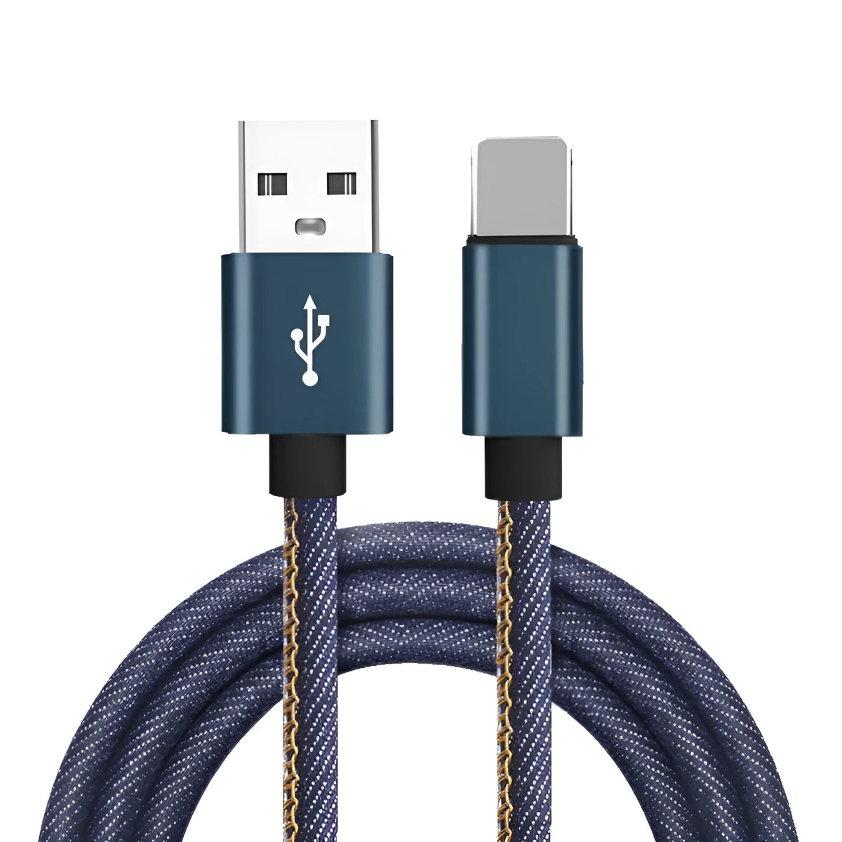 Cowboy-style denim braided USB-C charging cable in black with aluminium connectors.