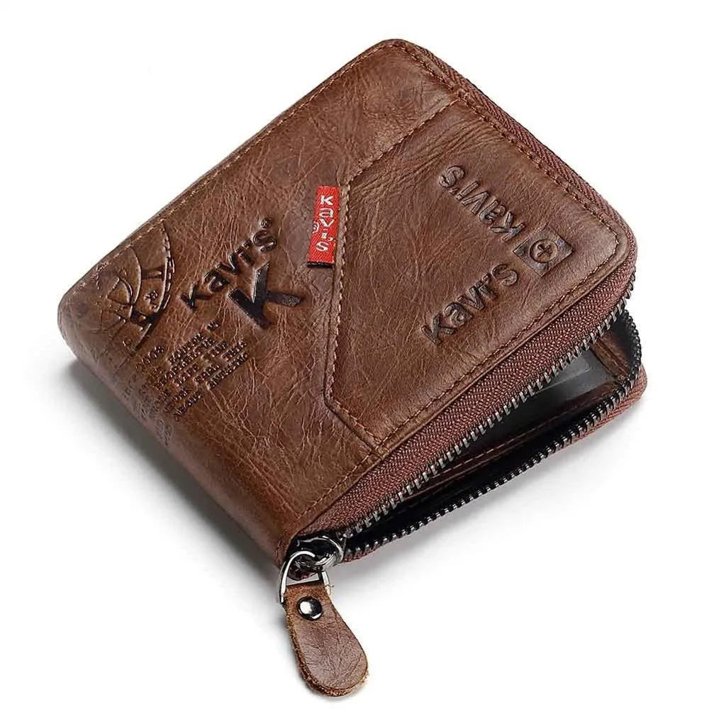 Men's soft brown leather wallet with a zipper, open to show multiple card slots, a banknote section, and a coin compartment.