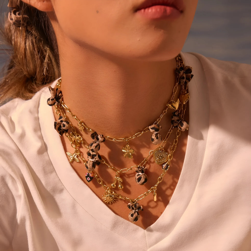 Women's stainless steel necklace with geometric leopard love heart flowers pendant on adjustable chain