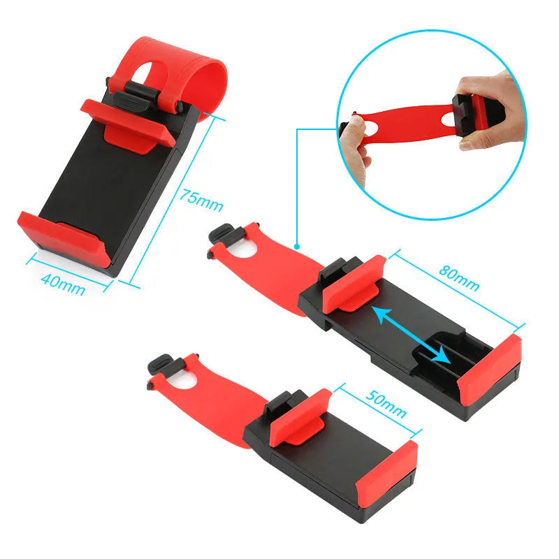 Black car steering wheel phone mount holder attached to vehicle steering wheel