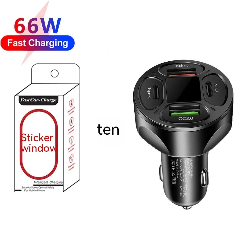 66W black car charger with digital display, two USB ports and two Type-C ports