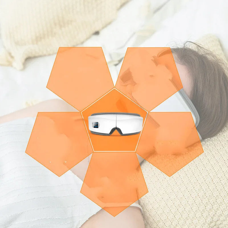White USB eye massager with PU eye mask, 180-degree folding design, LCD screen and Bluetooth music.