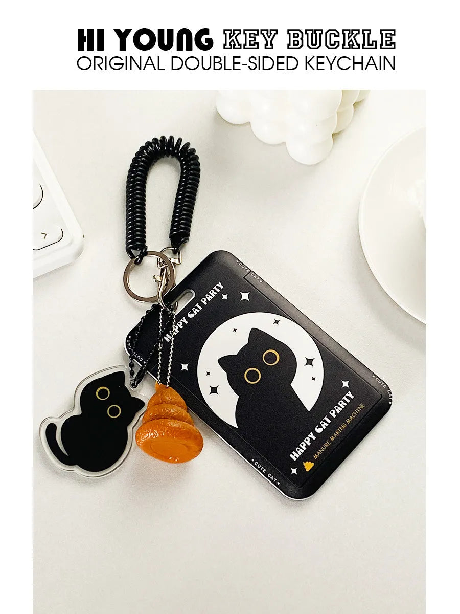 Cartoon black cat plastic card sleeve holder with ferrule pendant for transit and student cards