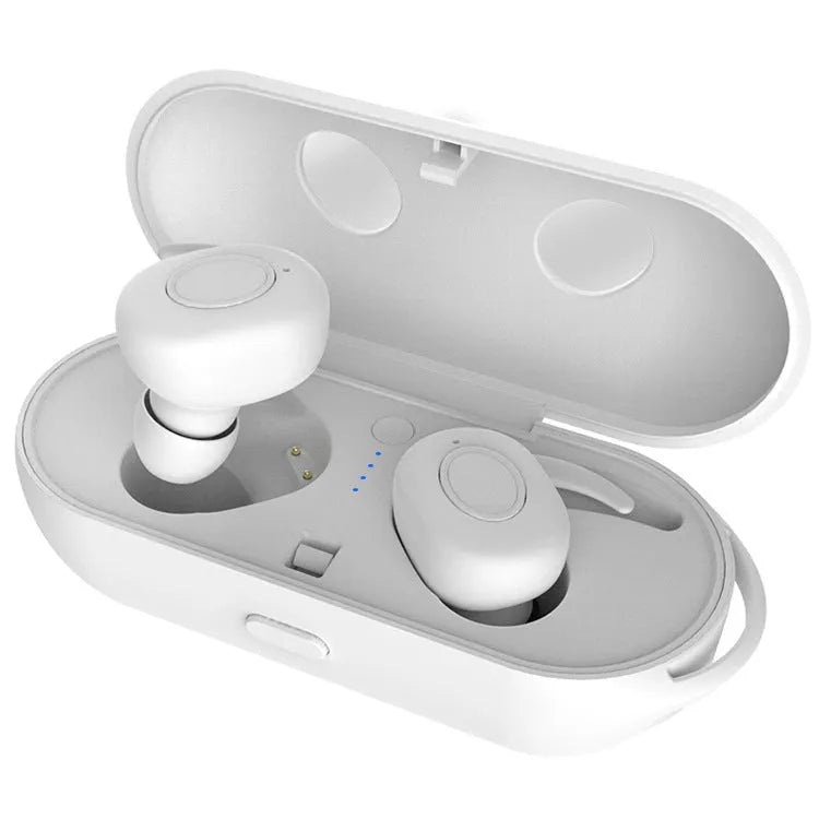 Compact wireless Bluetooth in-ear headphones in black, green, red, or white colours, designed for sports with noise reduction.
