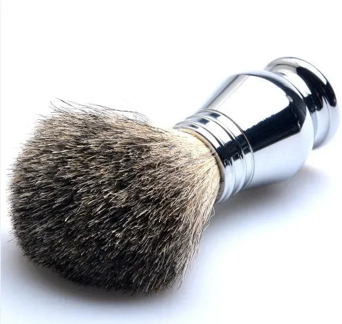 CSB men's shaving set with badger hair brush, chrome razor and stand, zinc alloy bowl, and blades in black box.