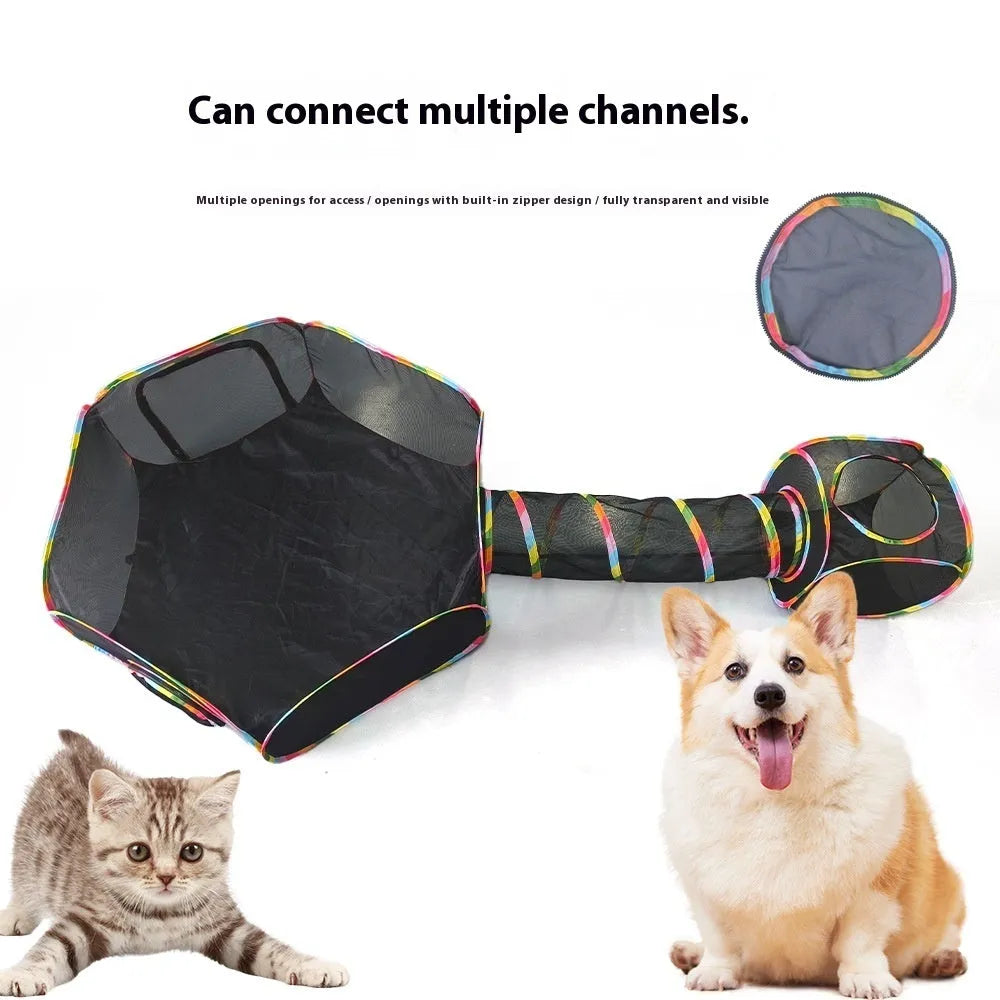 Foldable mesh cat roll cage pet toy in one of five geometric shapes: hexagonal, long straight, square, tee, or tent.