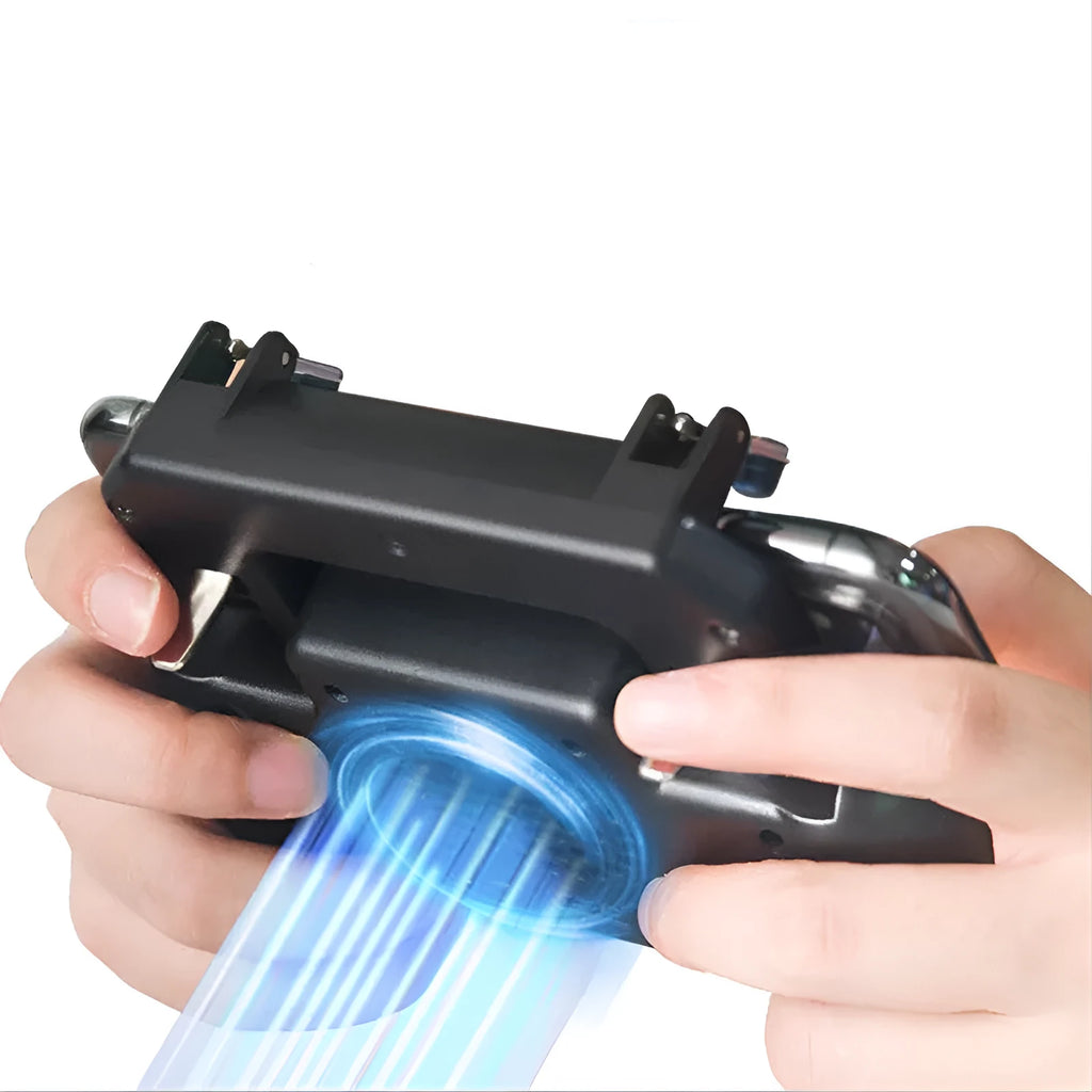 A mobile game controller with USB connector and aluminium alloy detailing, shown next to a smart phone.