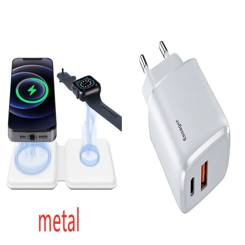 White folding magnetic wireless charger showing angled stand position with phone charging