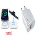 White folding magnetic wireless charger showing angled stand position with phone charging