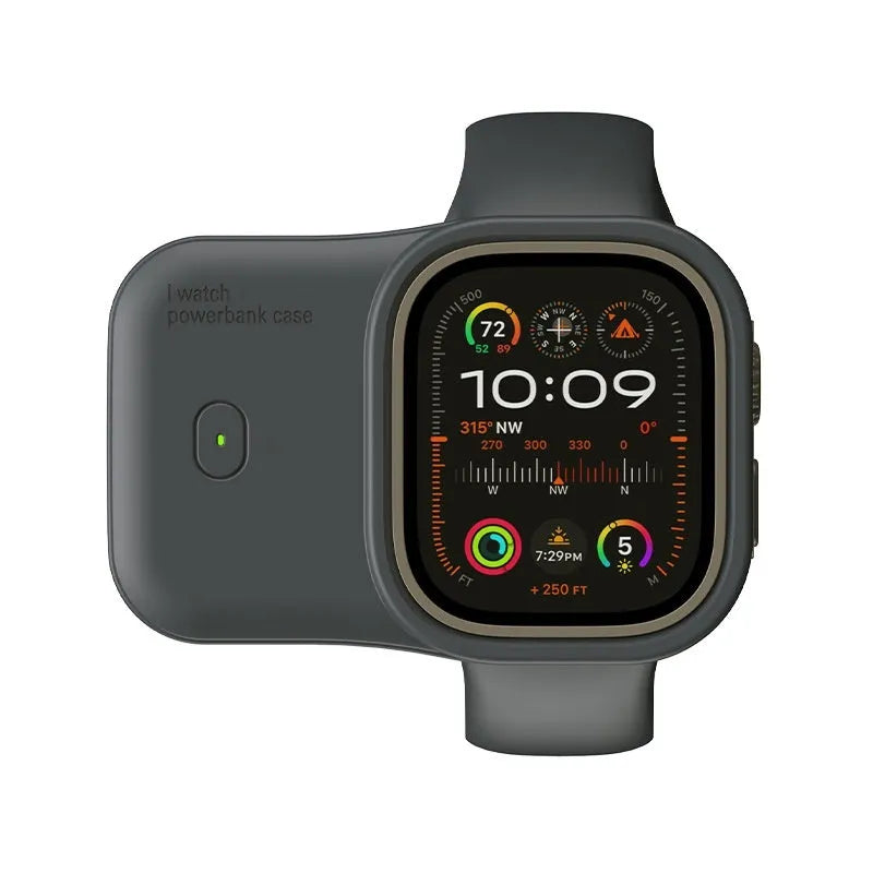 Apple Watch portable charging case in Brown, Midnight Blue, or Starlight colours with 1200mAh battery