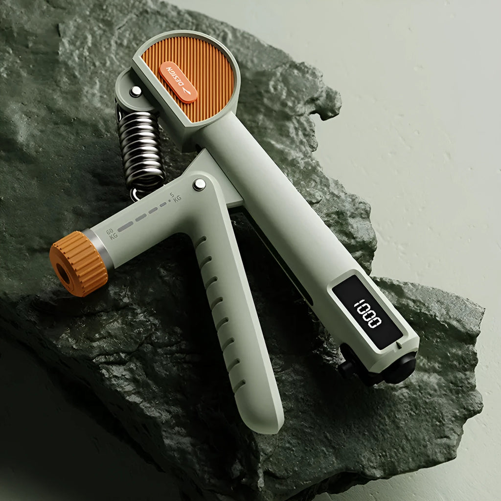 Adjustable spring hand grip trainer in ABS plastic with measurements showing 15cm length
