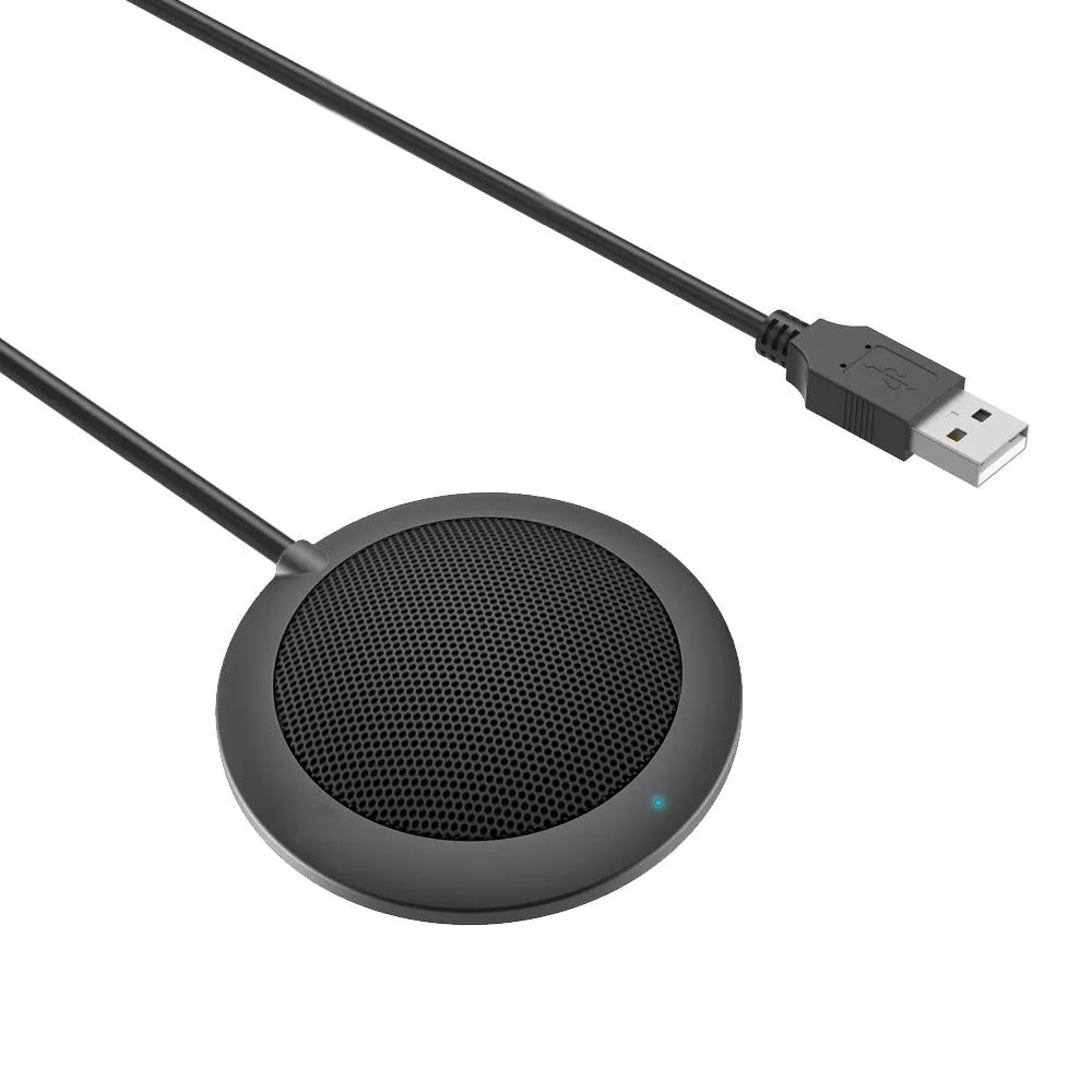 Black USB desktop microphone with metal mesh cover and 70mm diameter