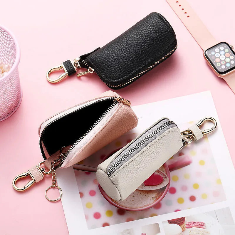 Black waterproof PU leather key case with zipper closure for car keys and small essentials