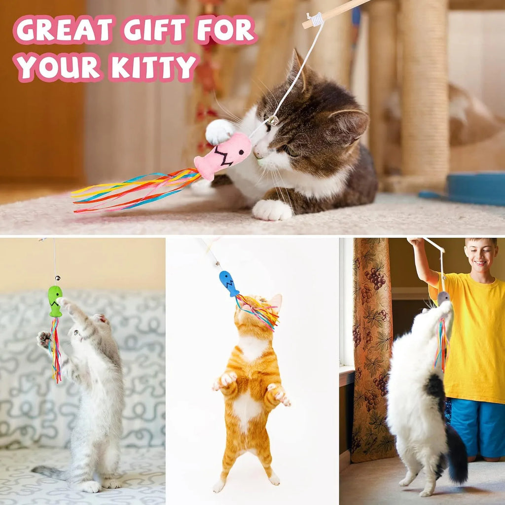 Cat wand toy with wooden handle, elastic rope, catnip fish, colourful ribbons and small bell