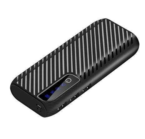 20000mAh mini portable power bank in black showing dual USB outputs and compact size