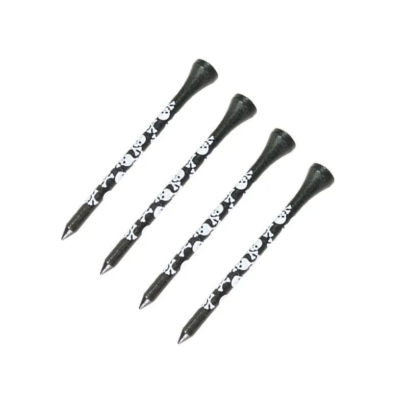 Black bamboo golf shoe dowel pins with skull print in 70mm and 83mm sizes, pack of 10