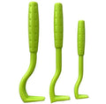 Set of three blue and green plastic pet tick removal clips on a white background.