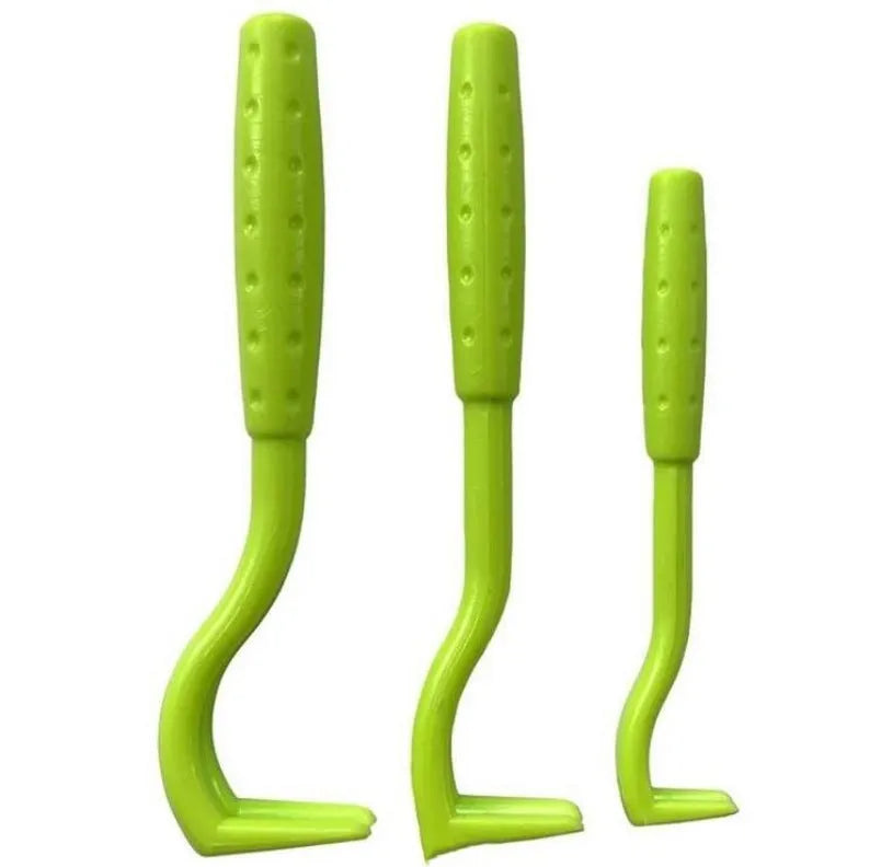 Set of three blue and green plastic pet tick removal clips on a white background.