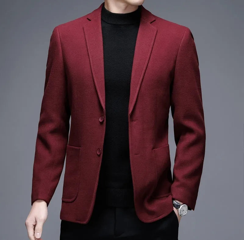 Men's solid colour thick woolen casual winter jacket with loose fit and long sleeves