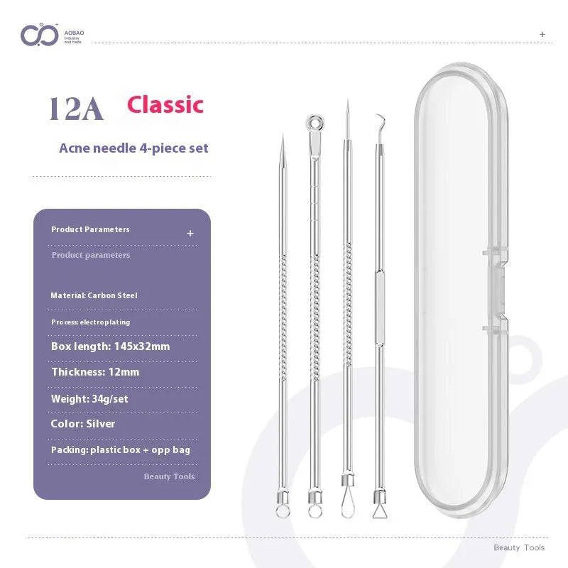 Four silver metal acne needles with fine pointed tips for blackhead removal.