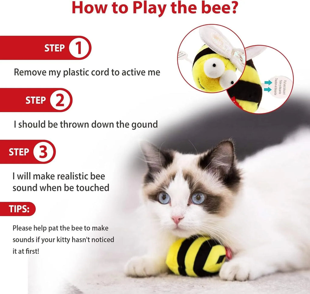 Yellow bee-shaped interactive cat toy with motion-activated squeaking function for indoor feline play
