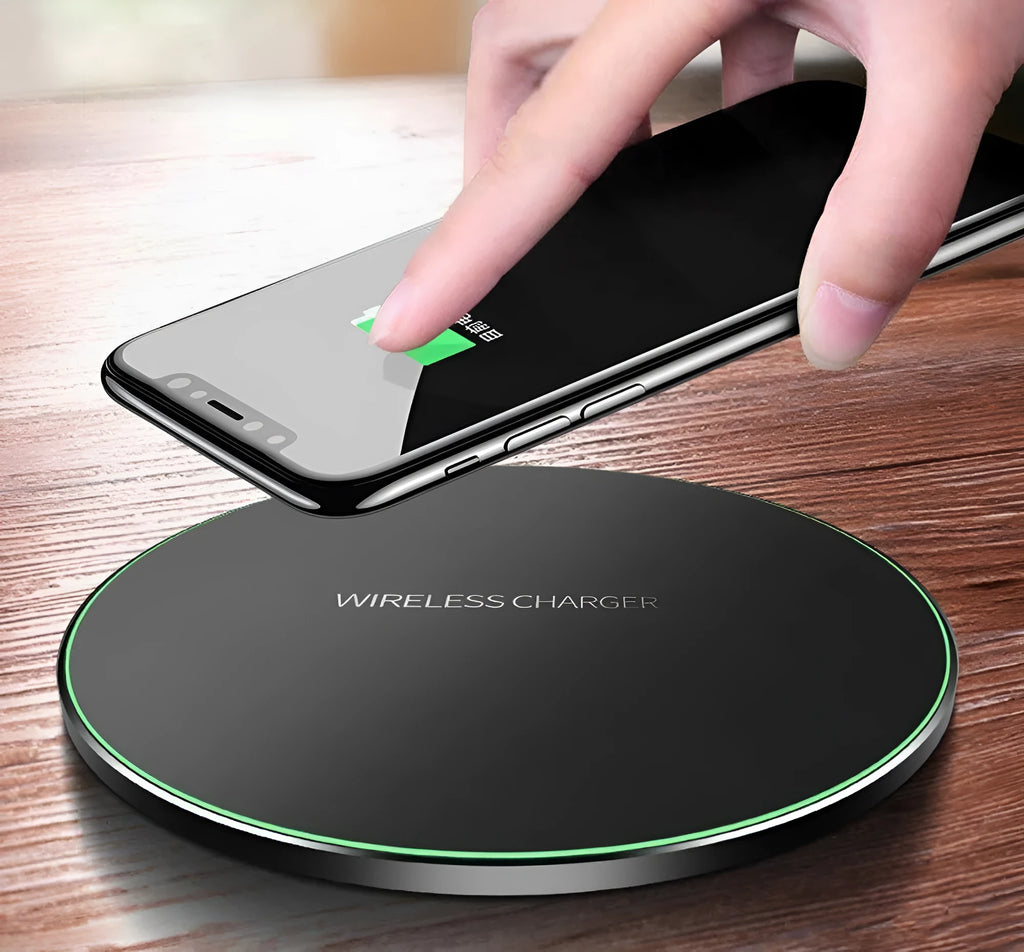 Ultra-thin black wireless charging pad with QI fast charge capability measuring 98x98mm