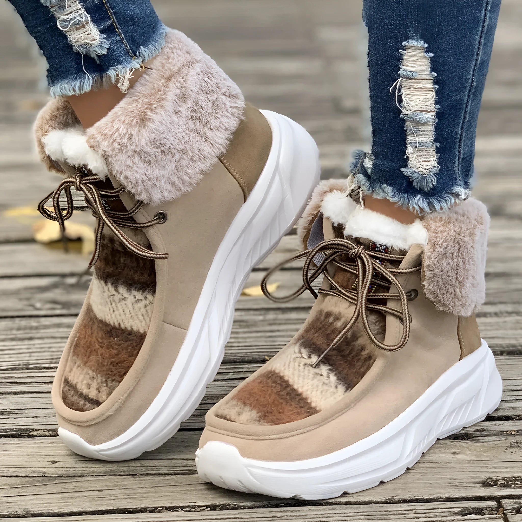 Beige women's lace-up suede snow boots with a thick sole and plush lining on a white background.