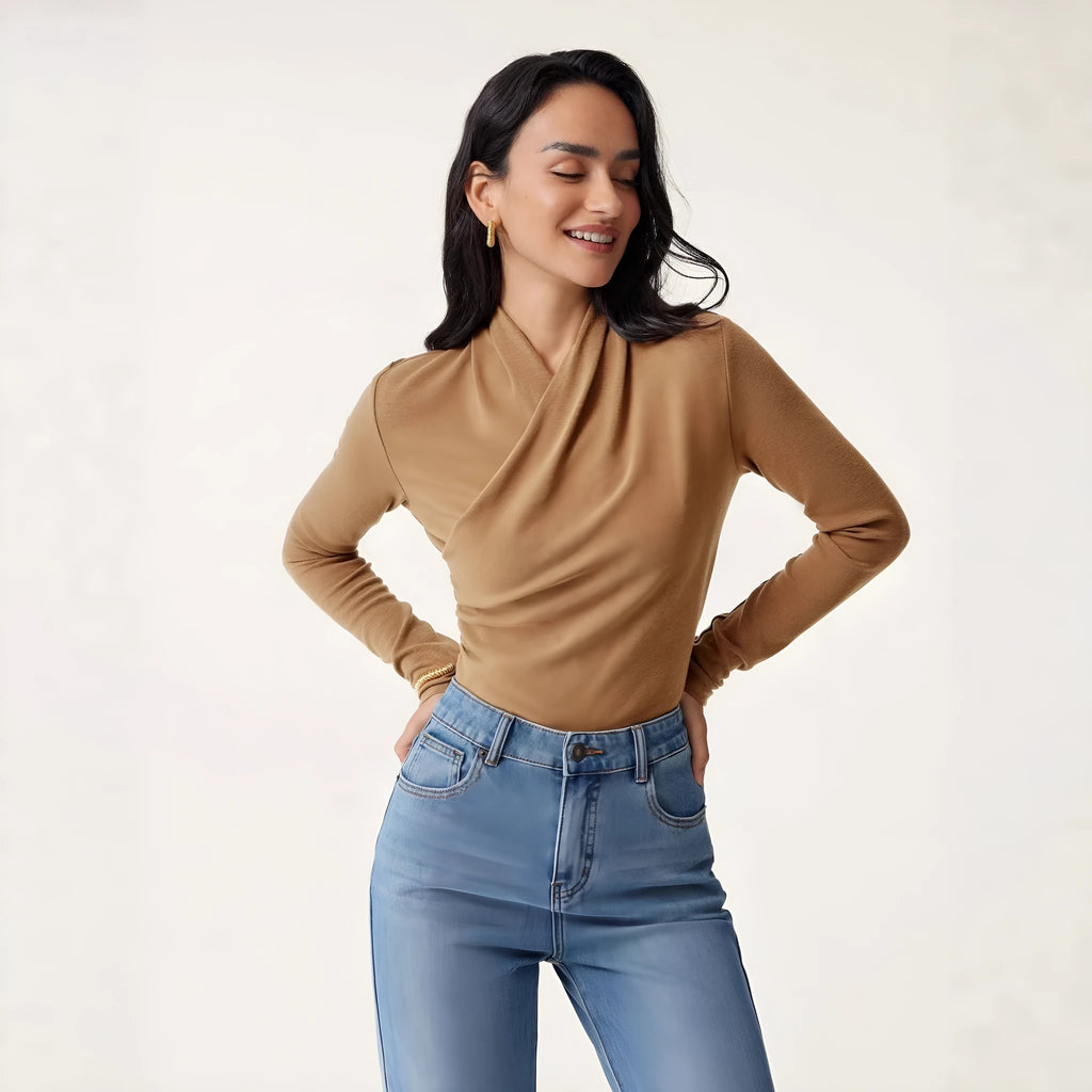 Camel coloured women's slim fit pullover sweater with long sleeves