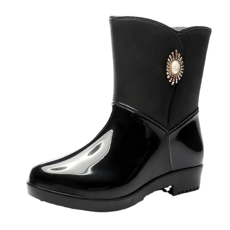 Women's middle tube PVC rain boots in beige colour with low tube socks design and warming thickness