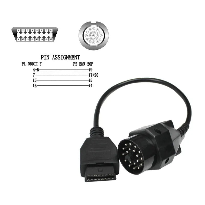 BMW OBD2 diagnostic adapter cable with 20-pin and 16-pin connectors