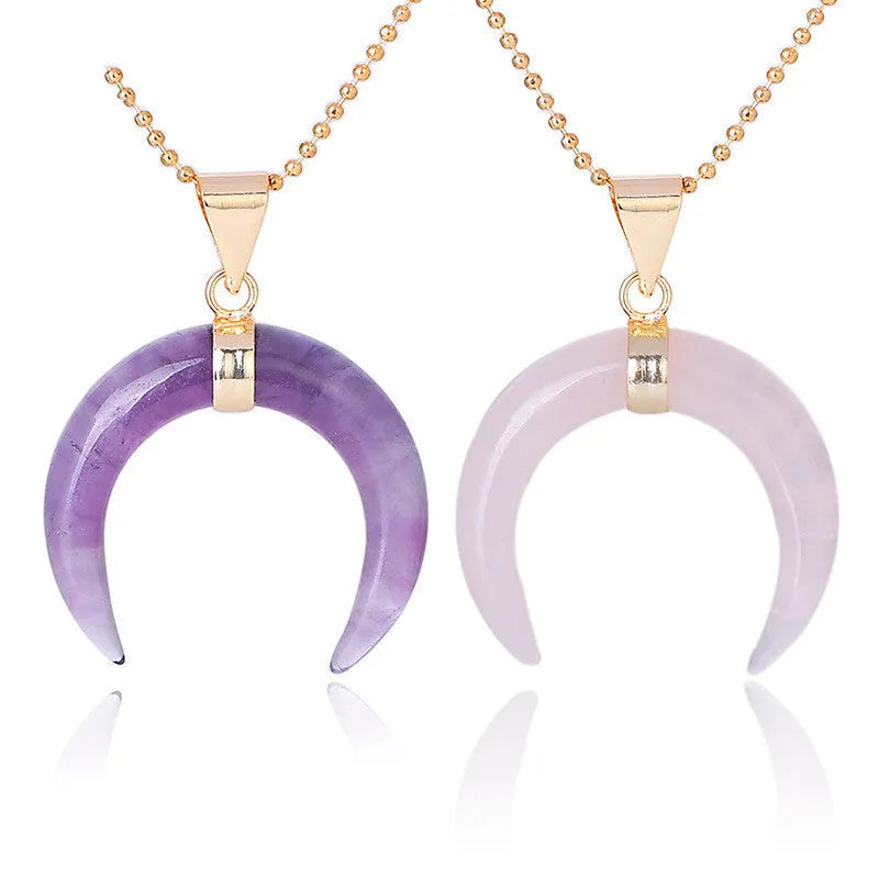 Natural semi-precious stone moon pendant necklace on electroplated copper chain with adjustable length
