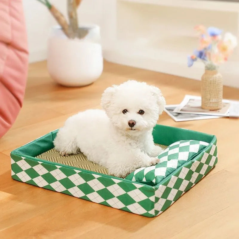 Rattan cat bed and litter mat in blue or green showing textured surface and non-removable base design
