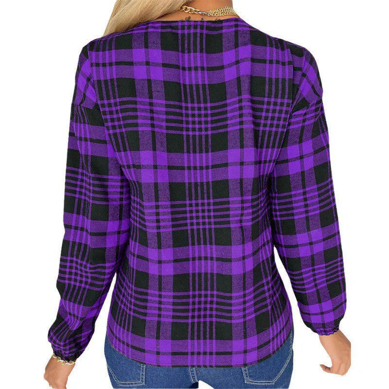 Women's loose-fit plaid casual shirt in polyester available in purple, grey, and red colours