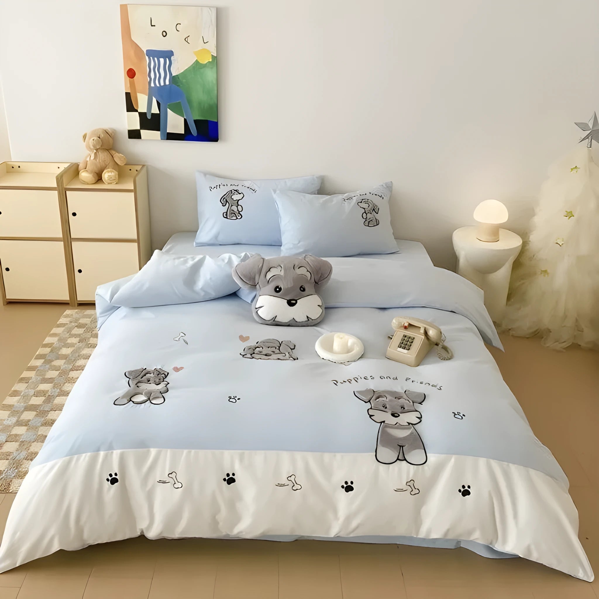 Cartoon Schnauzer embroidered pattern on a thickened cotton bedding set including quilt cover and pillowcases.
