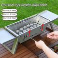 Small foldable portable charcoal grill shown open for use and folded for carrying.