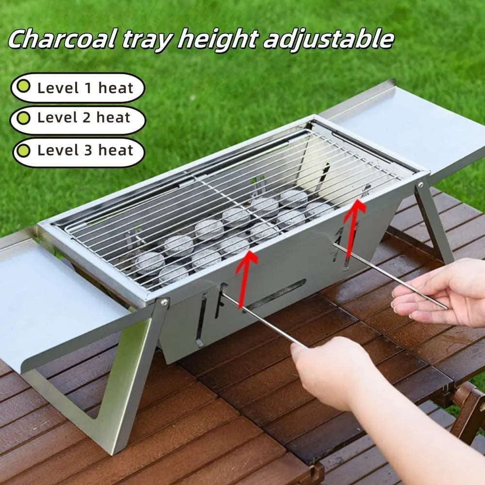 Small foldable portable charcoal grill shown open for use and folded for carrying.