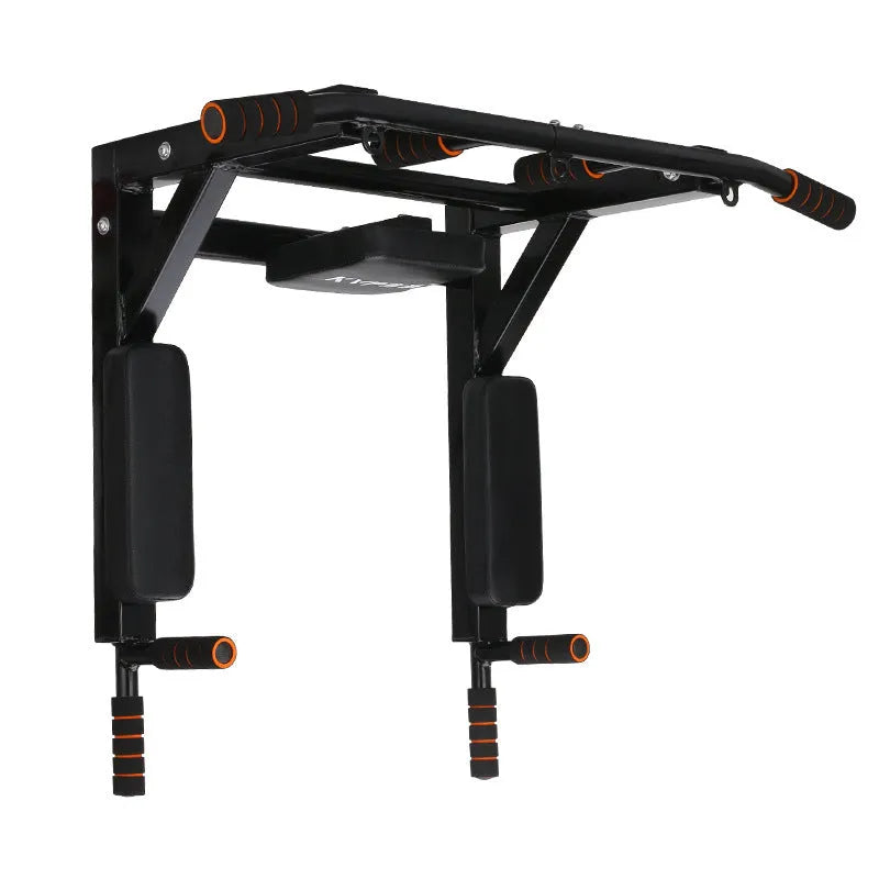 Black wall-mounted fitness equipment with sandbag rack and integrated parallel pull-up bars