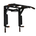 Black wall-mounted fitness equipment with sandbag rack and integrated parallel pull-up bars