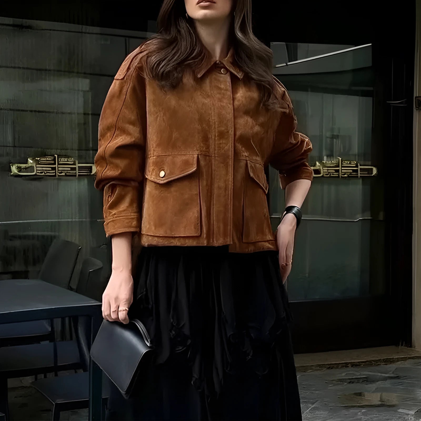 Women's brown suede-style polyester coat with regular sleeves for streetwear fashion