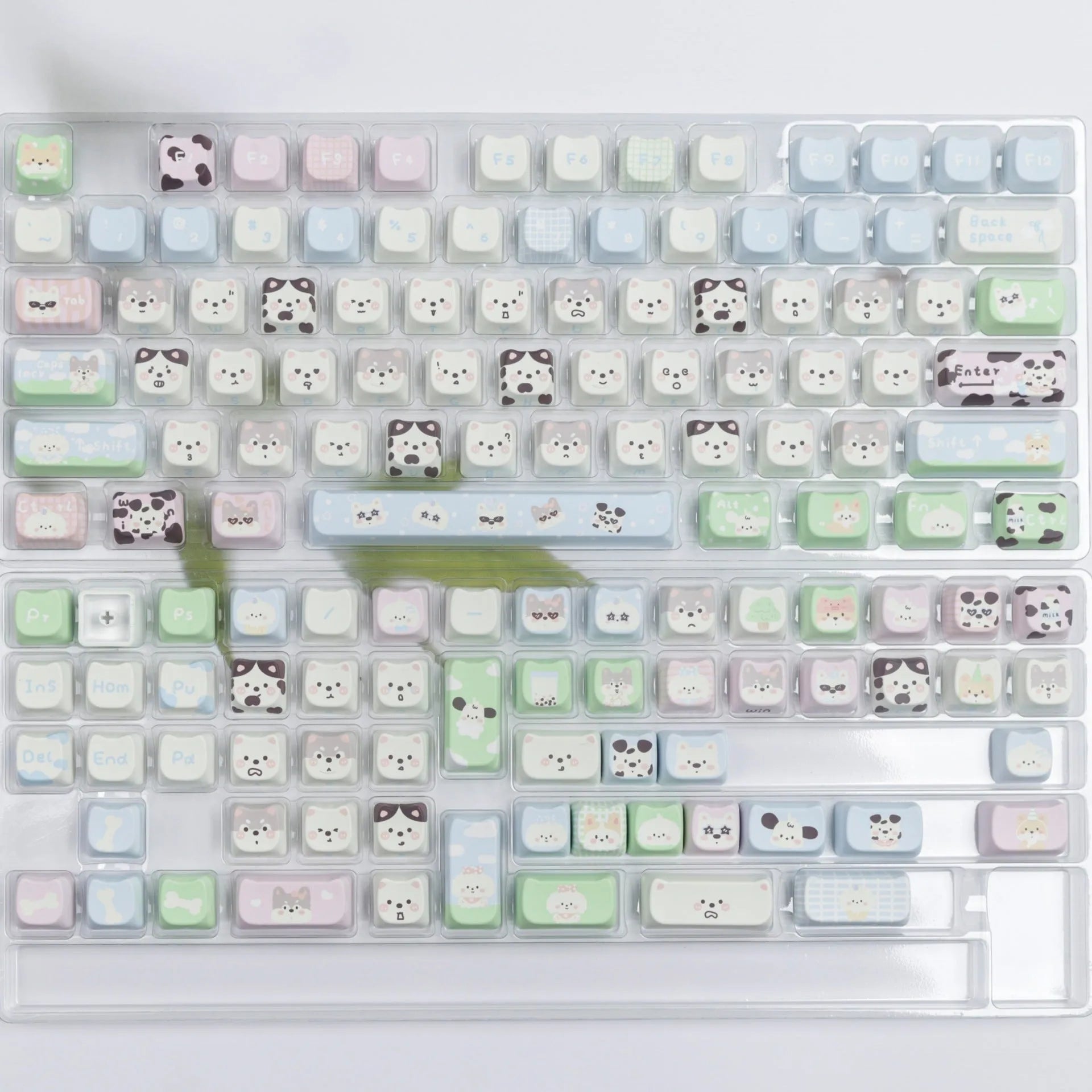 PBT sublimation key cap set featuring colourful cat and puppy artwork for mechanical keyboards