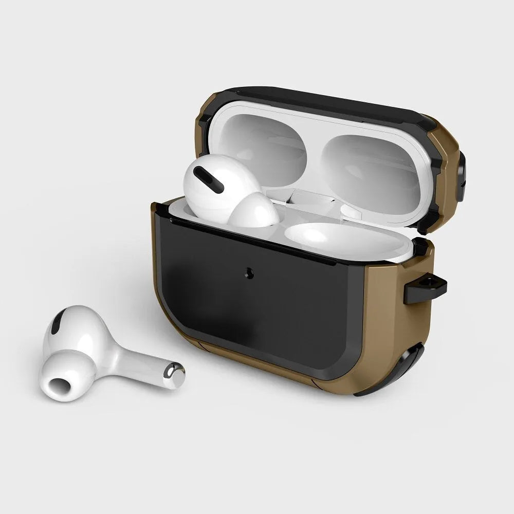 Black TPU and PC protective shell case for Apple AirPods 1, 2 and Pro models on a white background.