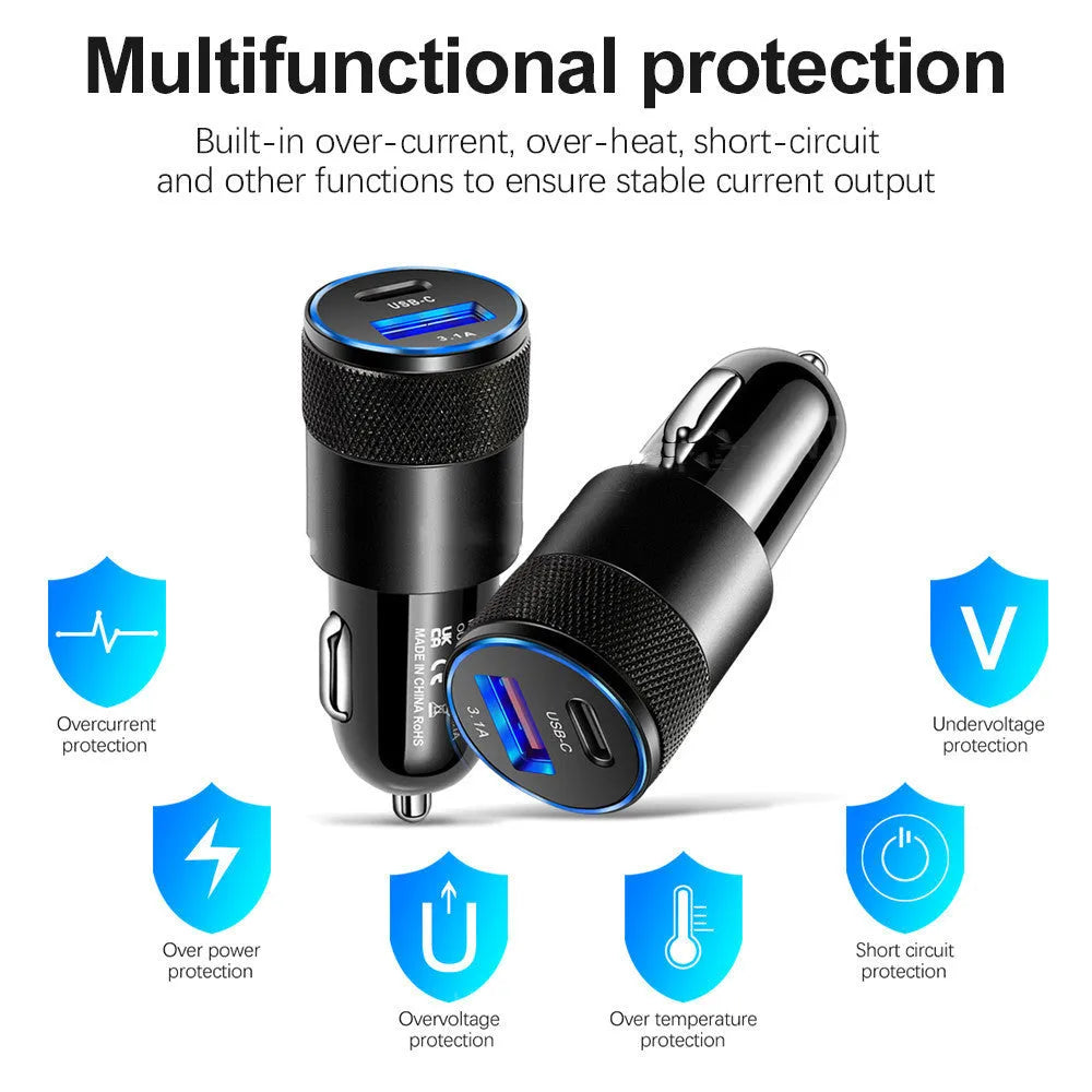 Aluminium alloy dual USB car charger for vehicle cigarette lighter sockets