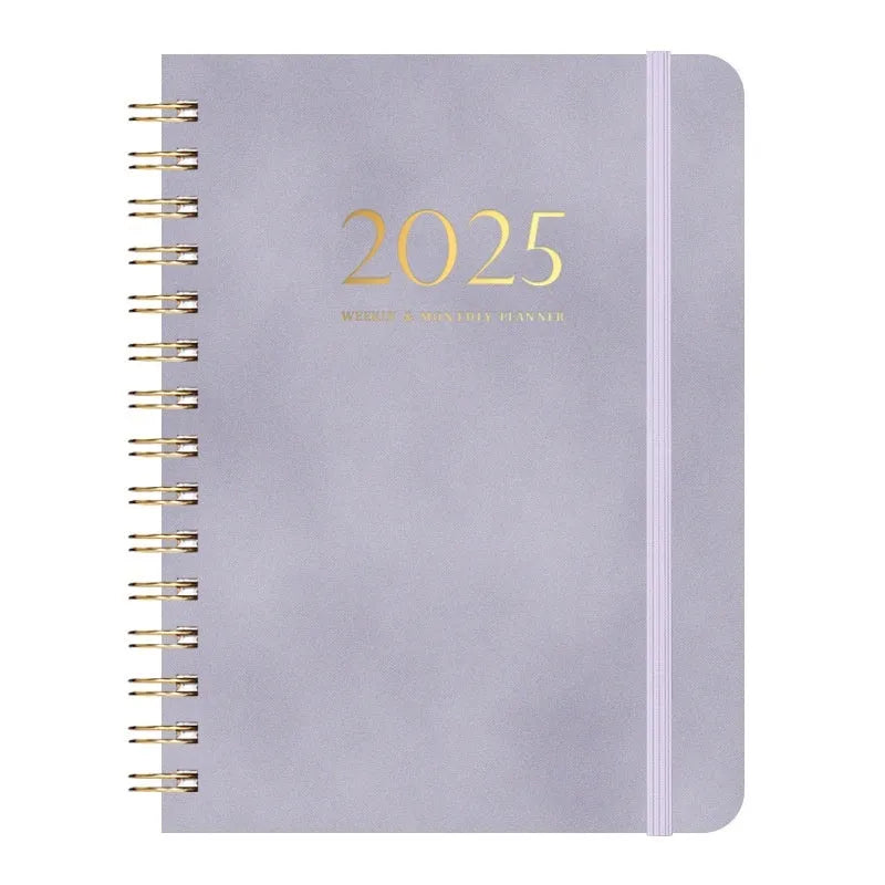 A5 size PU leather notebook with metal coil binding in a choice of colours including black, blue, brown, and pink.