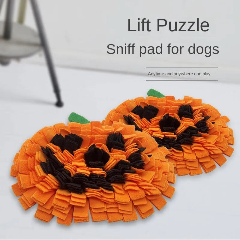 Orange pumpkin pattern dog sniffing mat with textured fur surface for slow feeding training