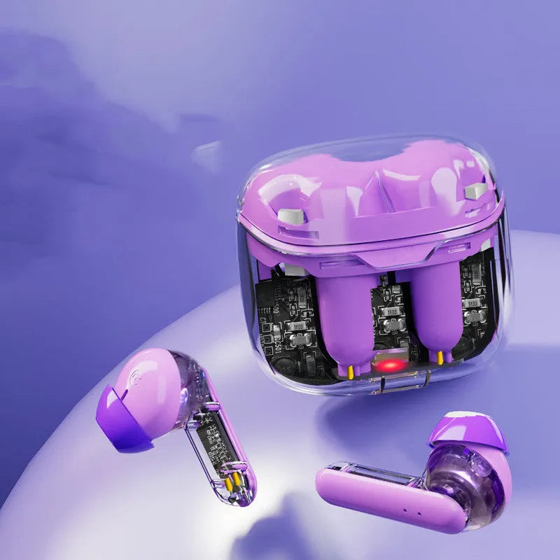 Transparent Bluetooth wireless headset showing internal components