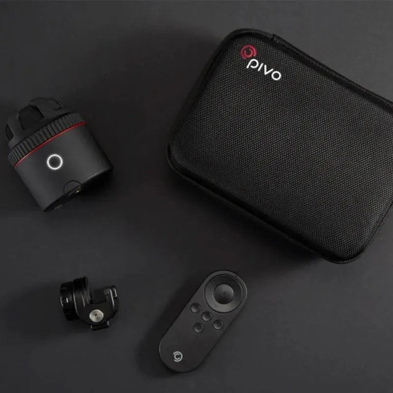 Black PIVO facial tracking camera mount rotating a smartphone on a matte finished base.
