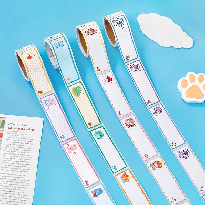 Roll of colourful cartoon message index stickers showing dinosaur, astronaut, rabbit, and girl designs.
